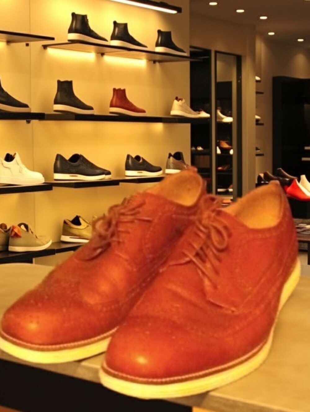 COLE HAAN Grand OS Cognac Leather Wingtip Sneakers